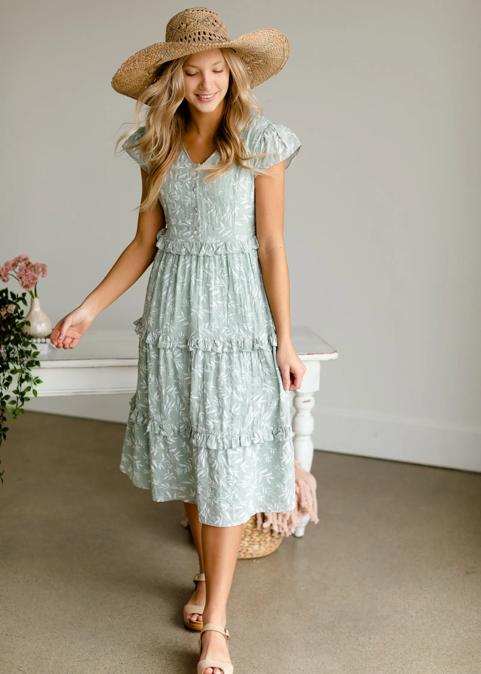 Sage Ruffle Midi Dress