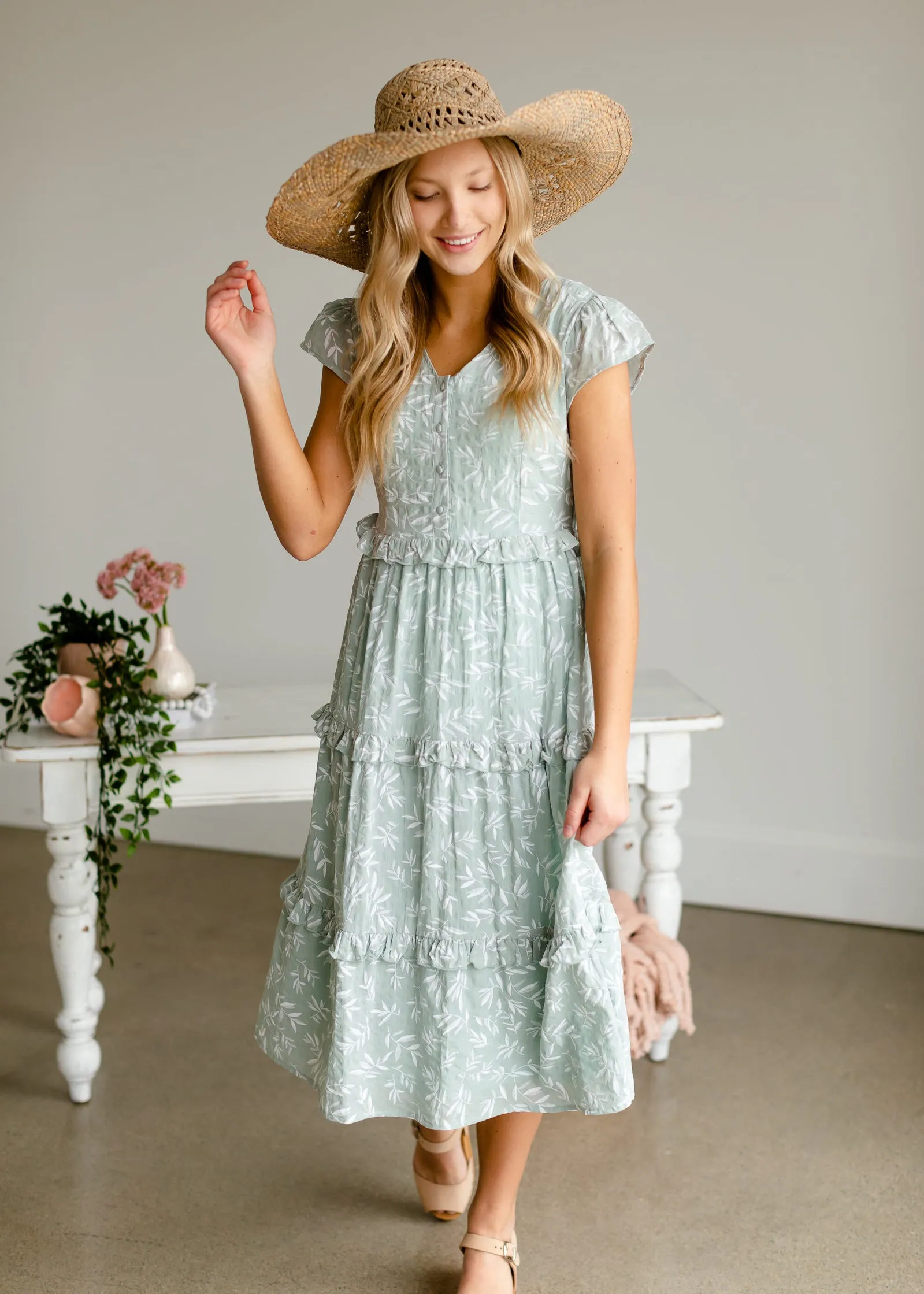 Sage Ruffle Midi Dress