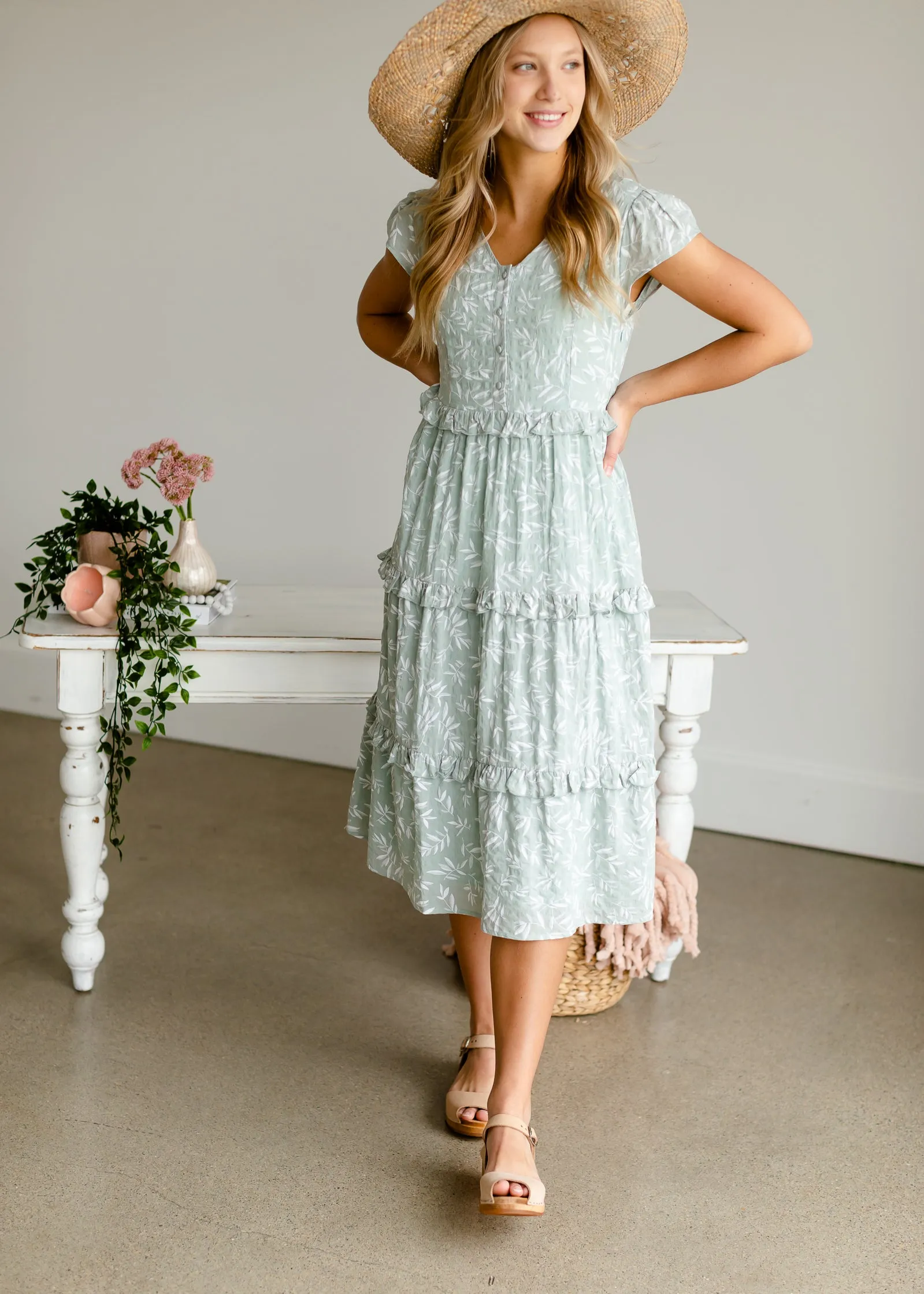 Sage Ruffle Midi Dress