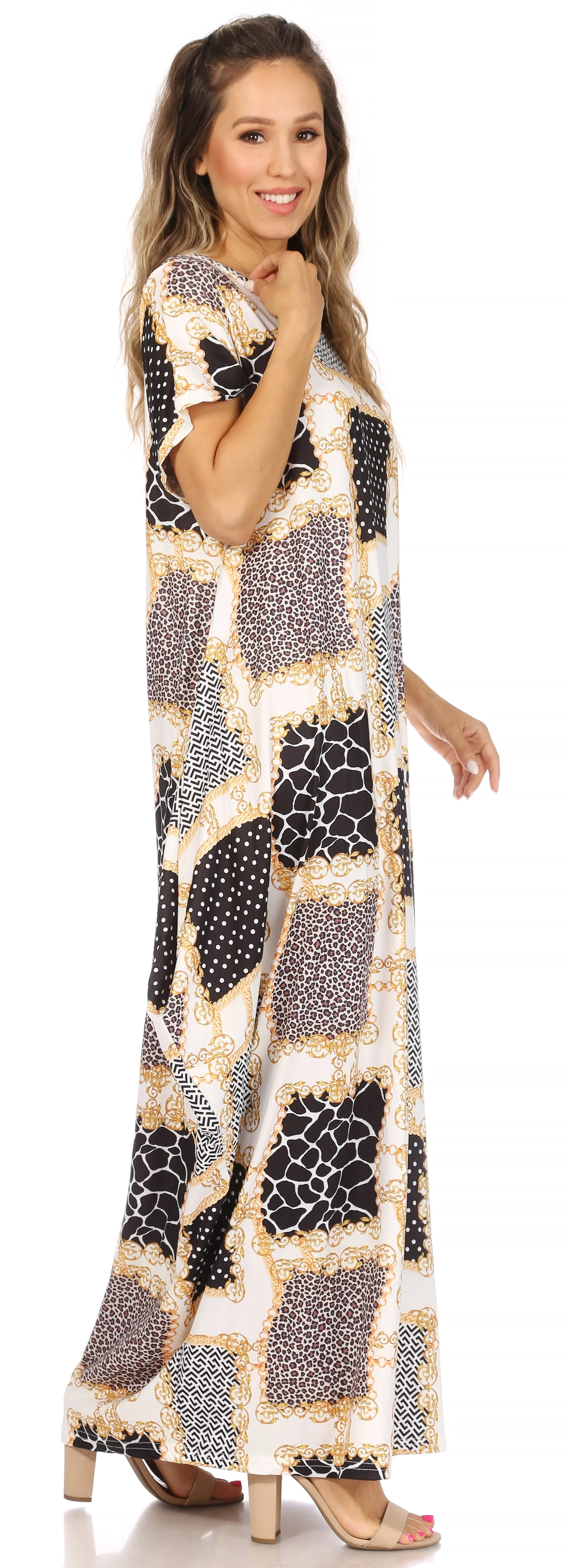 Sakkas Abeni Women's Short Sleeve Casual Print Long Maxi Cover-up Caftan Dress