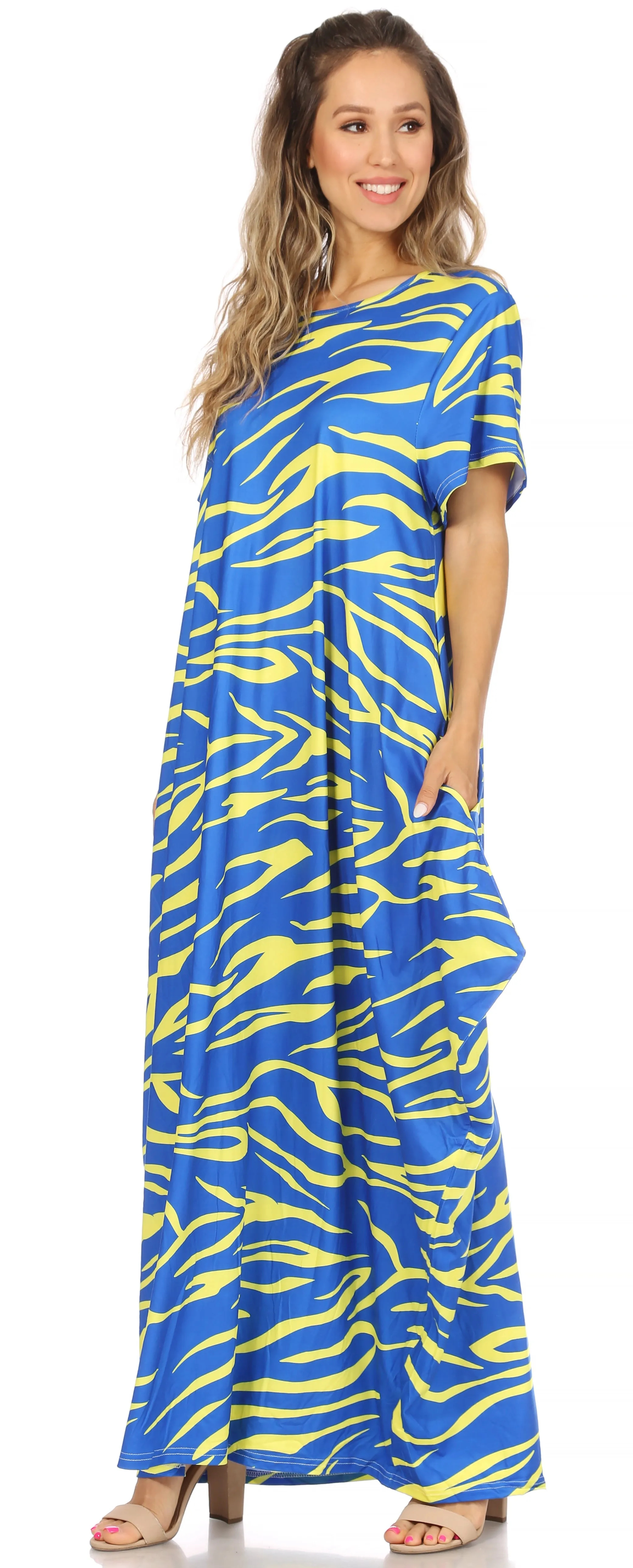 Sakkas Abeni Women's Short Sleeve Casual Print Long Maxi Cover-up Caftan Dress