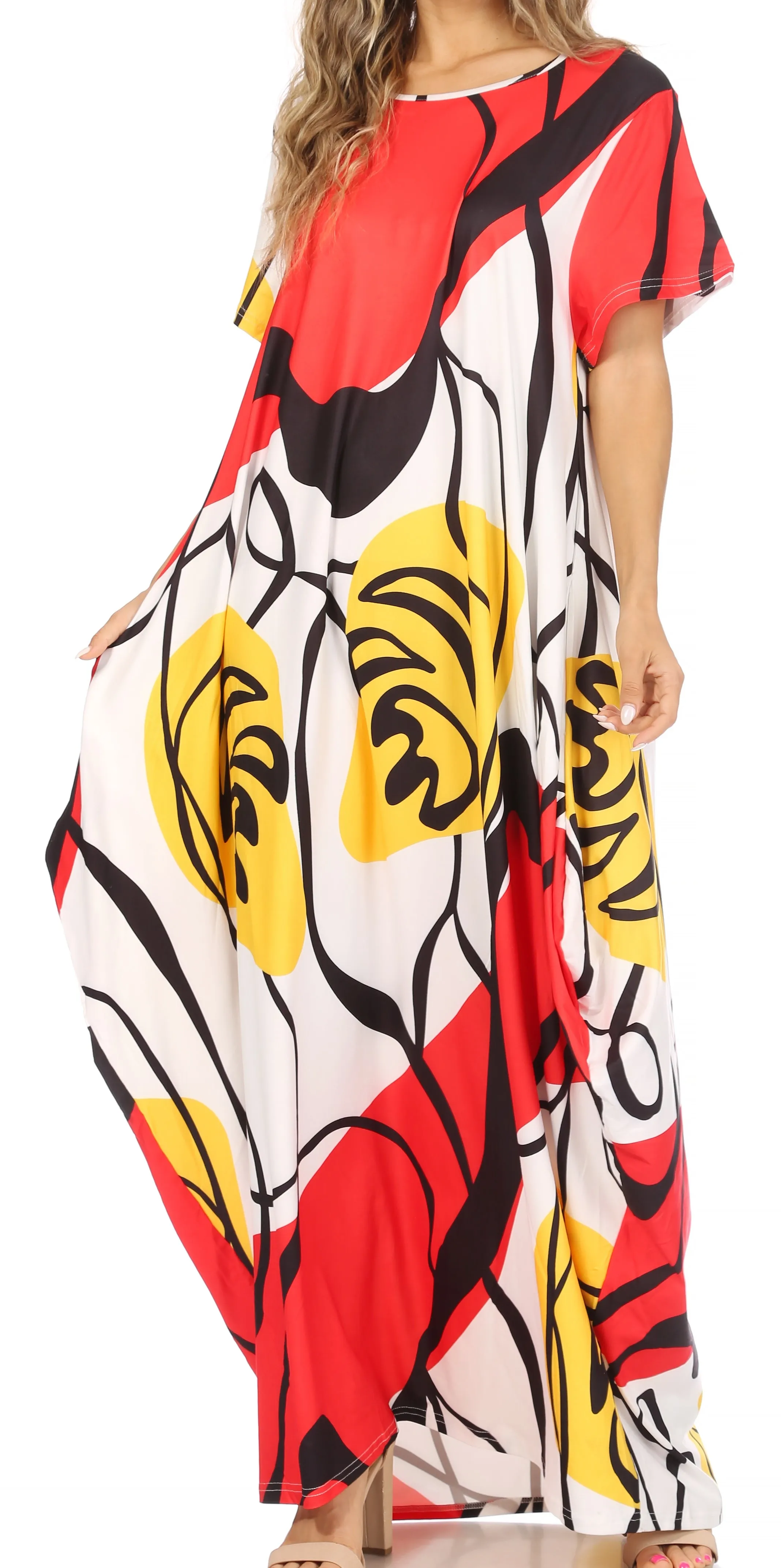 Sakkas Abeni Women's Short Sleeve Casual Print Long Maxi Cover-up Caftan Dress