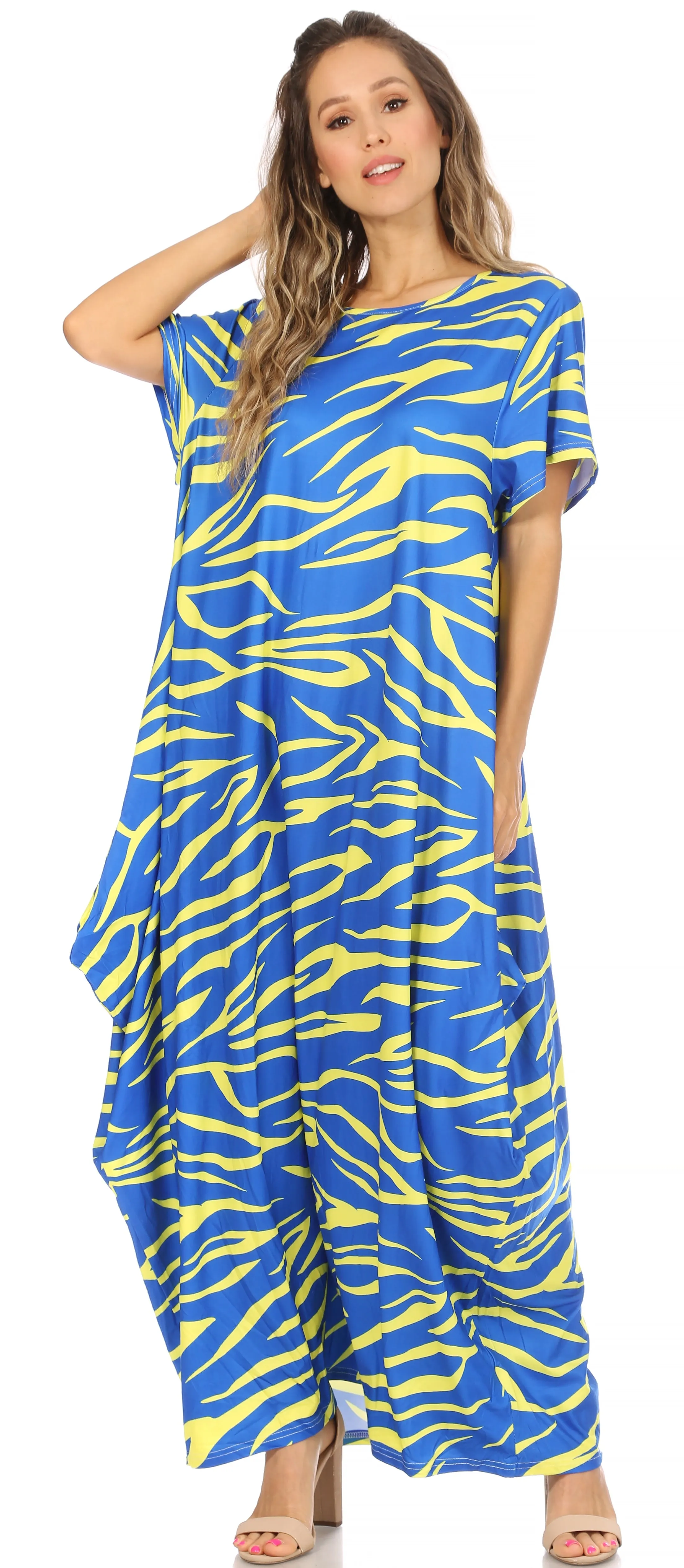 Sakkas Abeni Women's Short Sleeve Casual Print Long Maxi Cover-up Caftan Dress