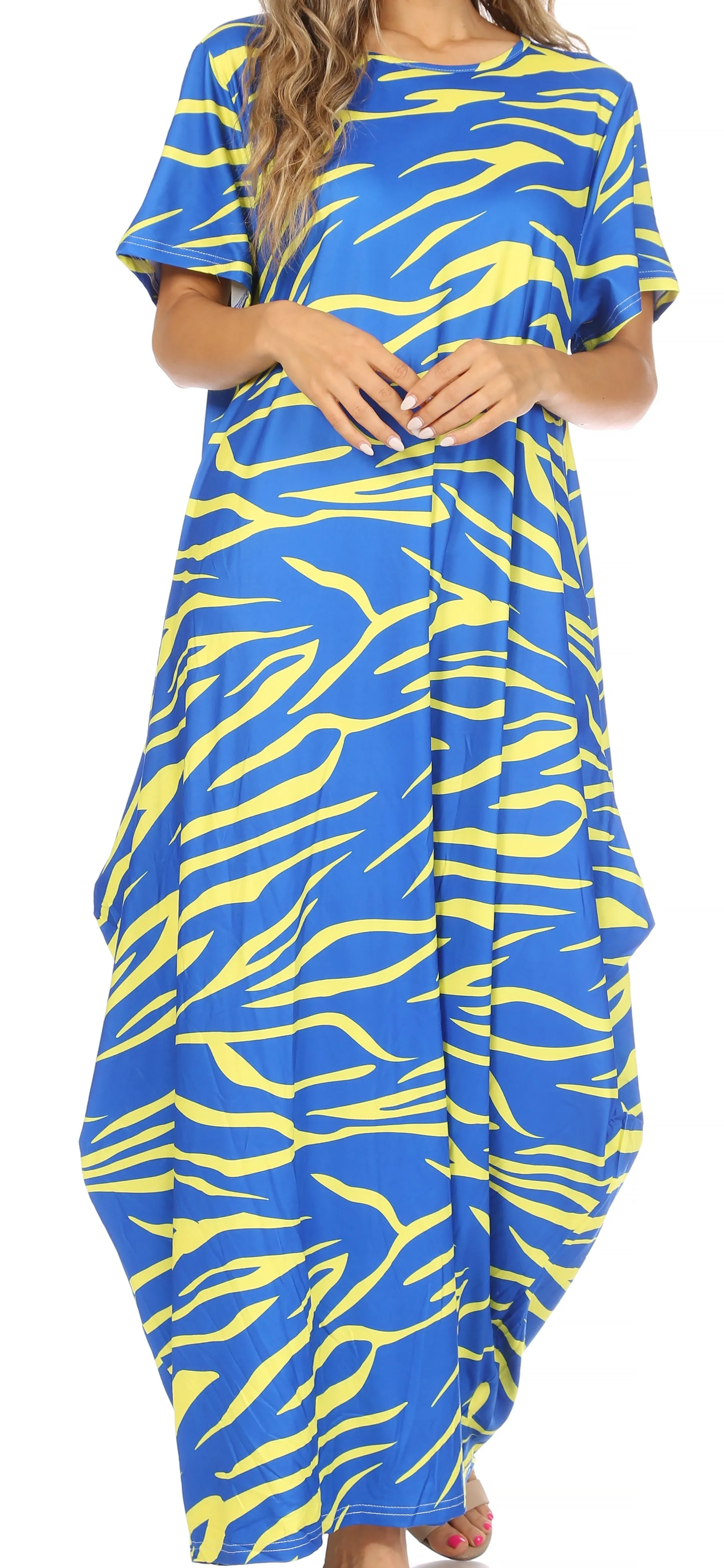 Sakkas Abeni Women's Short Sleeve Casual Print Long Maxi Cover-up Caftan Dress