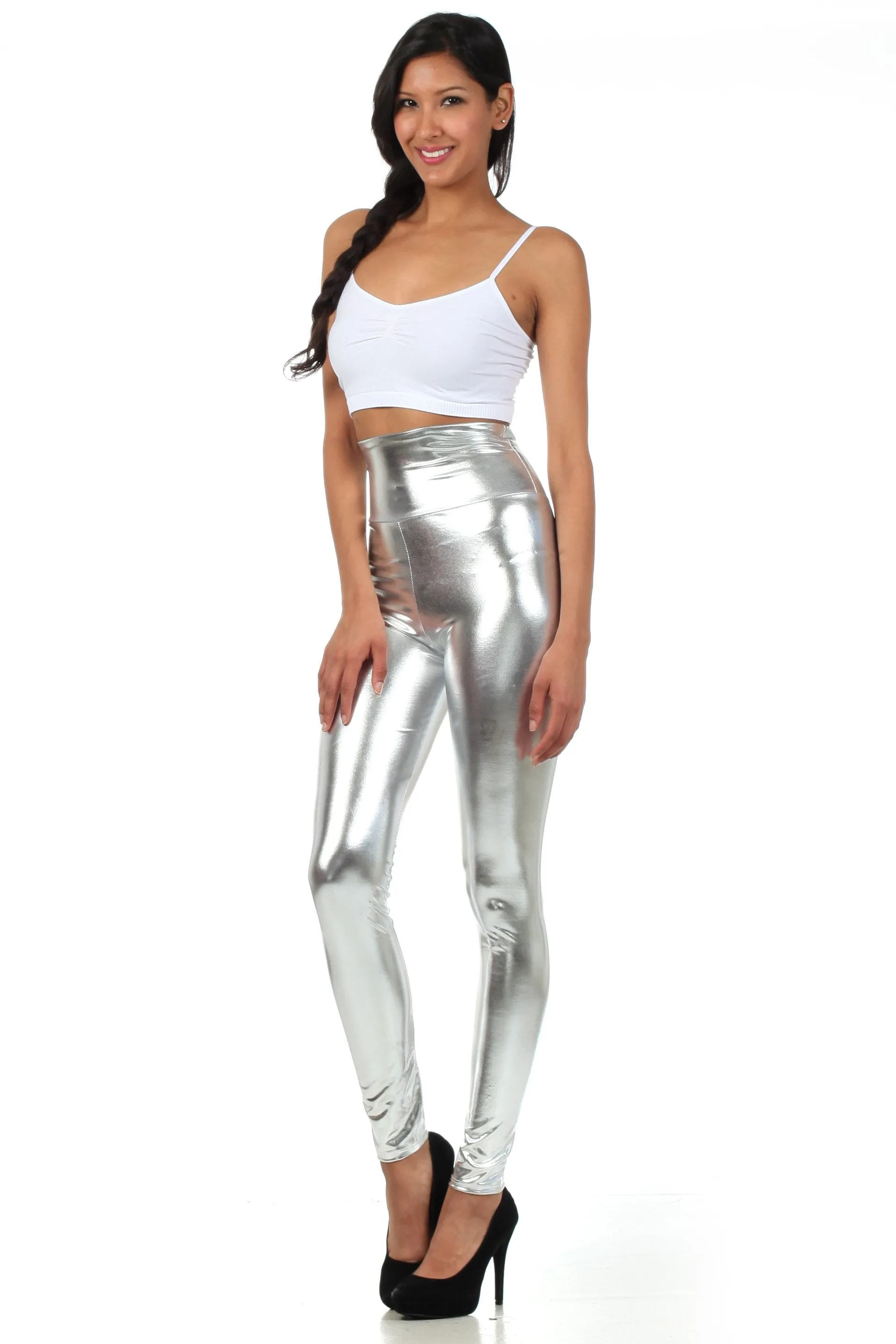 Sakkas Shiny Liquid Metallic High Waist Stretch Leggings - Made in USA