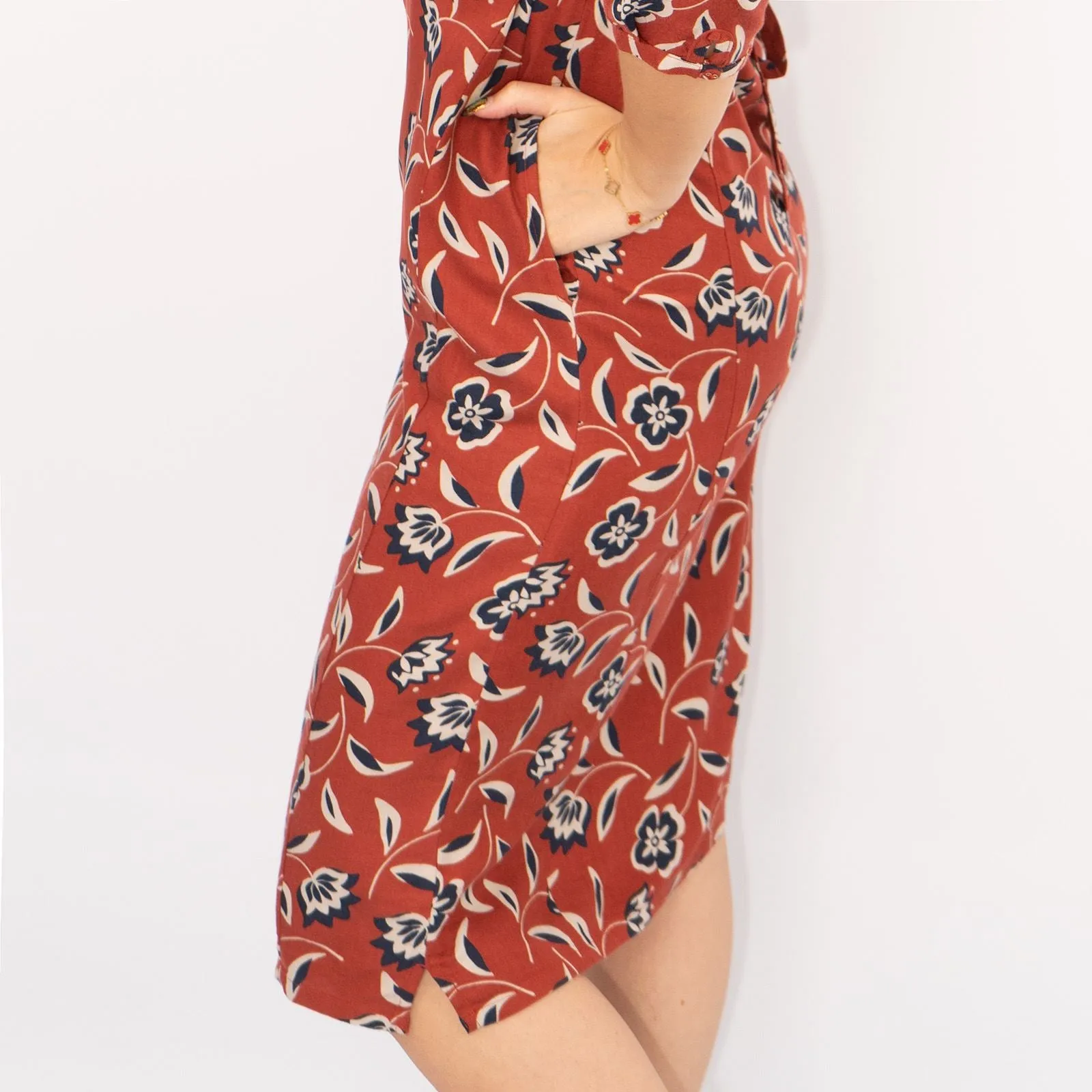 Seasalt 3/4 Sleeve Rust Red Floral Pockets Tie Waist Midi Shift Dresses