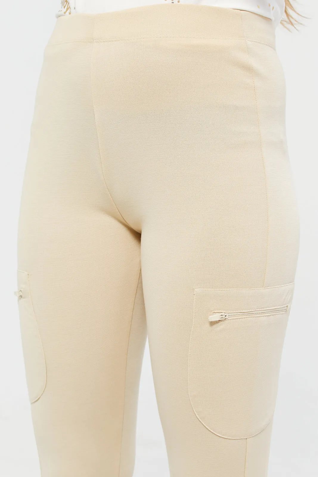 Senior Girls Beige Zipper Pocket Leggings