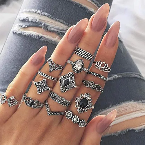 Shining Diva Fashion Base Metal Boho Midi Finger Rings for Women and Girls - Set of 15 (Silver, 11800r)