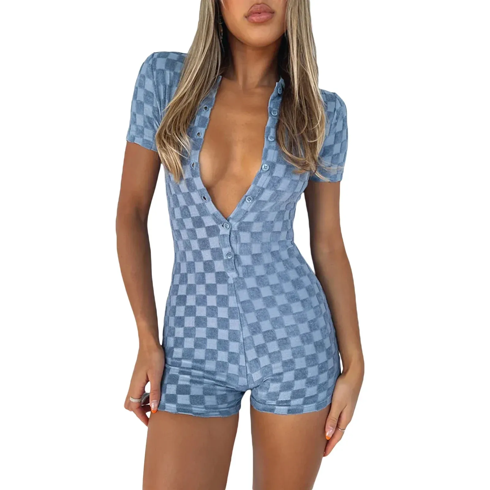 Short Sleeve Ribbed Knit Bodycon Solid Color Collar Button Fashionable Sexy Romper