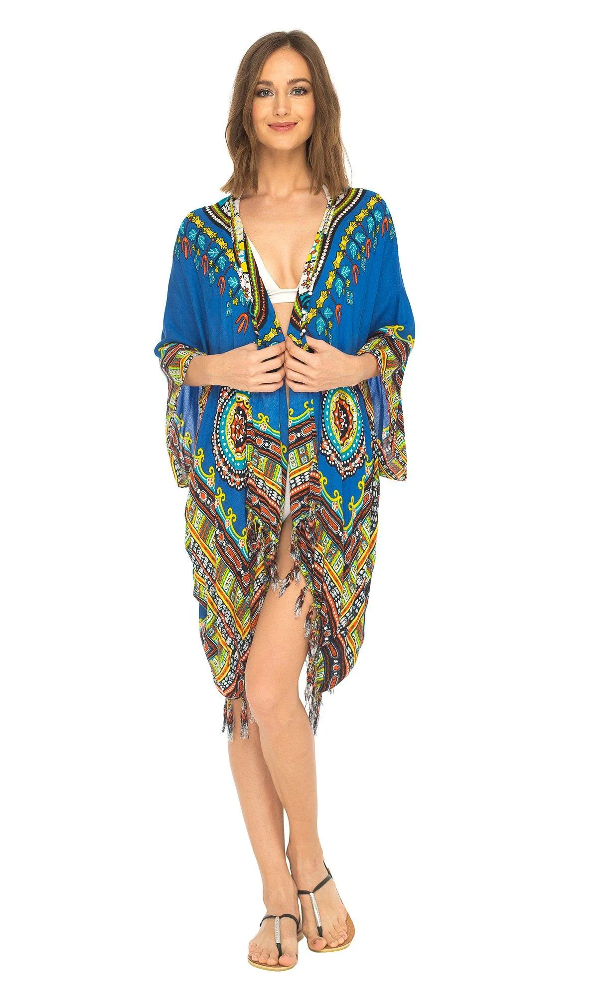 SHU-SHI Women's Dashiki Sequined Beach Cover-Up | Open Front Kimono Cardigan for Bikinis