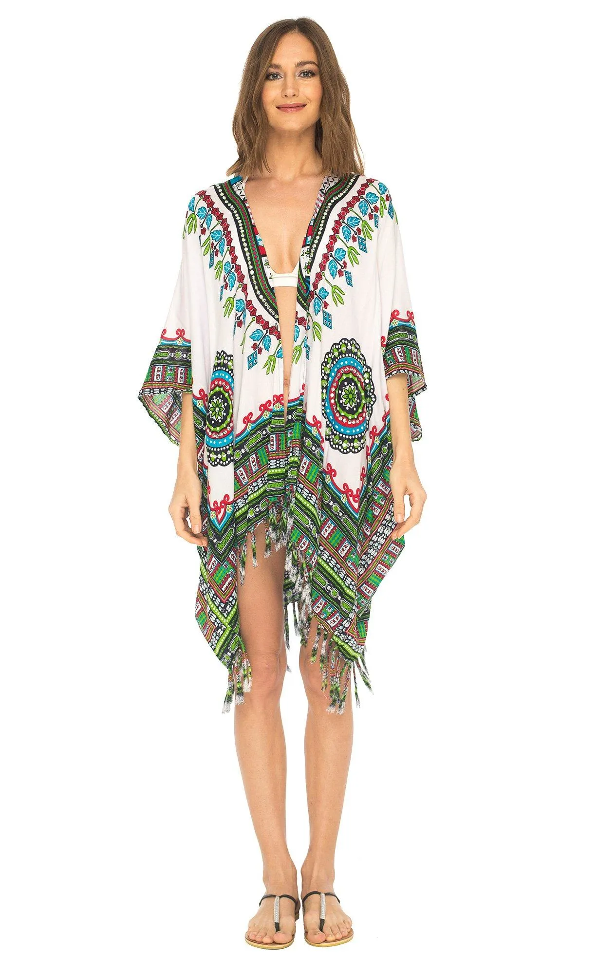 SHU-SHI Women's Dashiki Sequined Beach Cover-Up | Open Front Kimono Cardigan for Bikinis