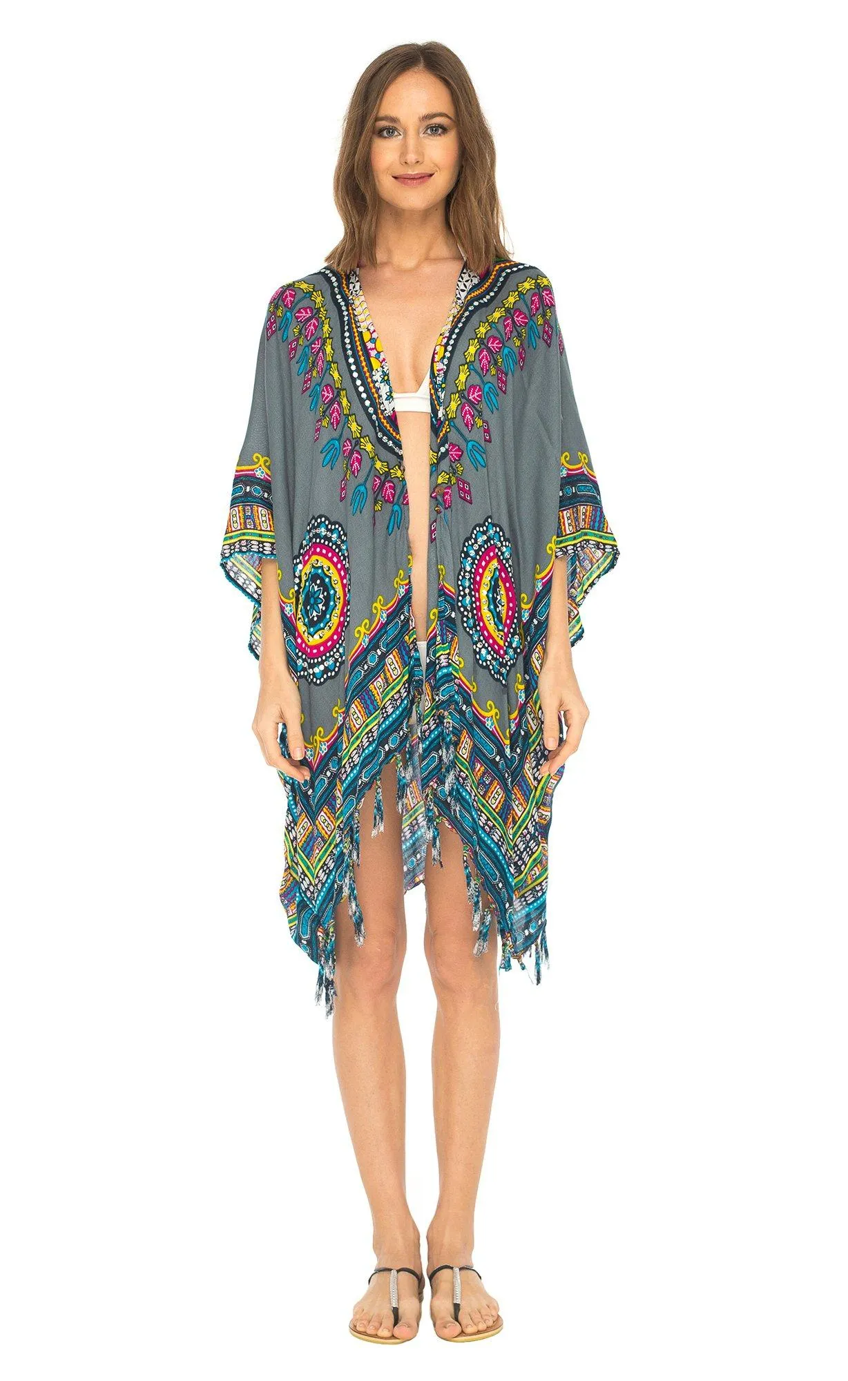 SHU-SHI Women's Dashiki Sequined Beach Cover-Up | Open Front Kimono Cardigan for Bikinis