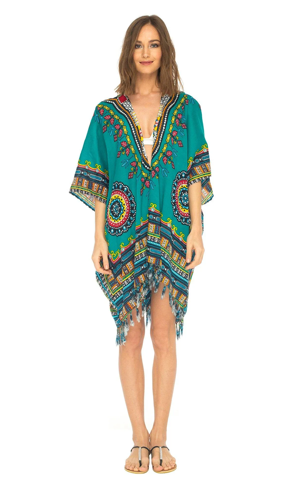 SHU-SHI Women's Dashiki Sequined Beach Cover-Up | Open Front Kimono Cardigan for Bikinis