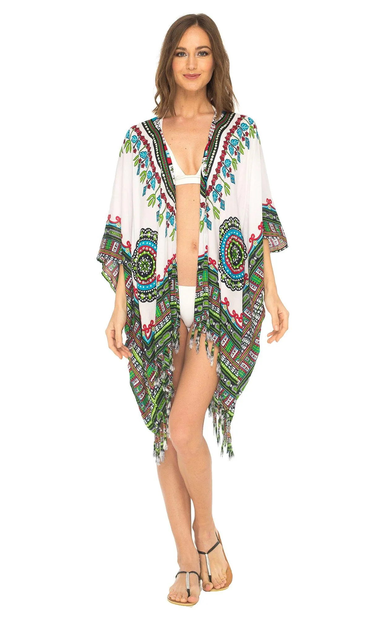 SHU-SHI Women's Dashiki Sequined Beach Cover-Up | Open Front Kimono Cardigan for Bikinis