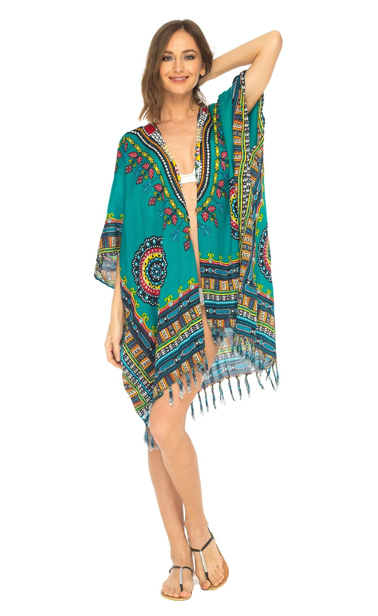 SHU-SHI Women's Dashiki Sequined Beach Cover-Up | Open Front Kimono Cardigan for Bikinis