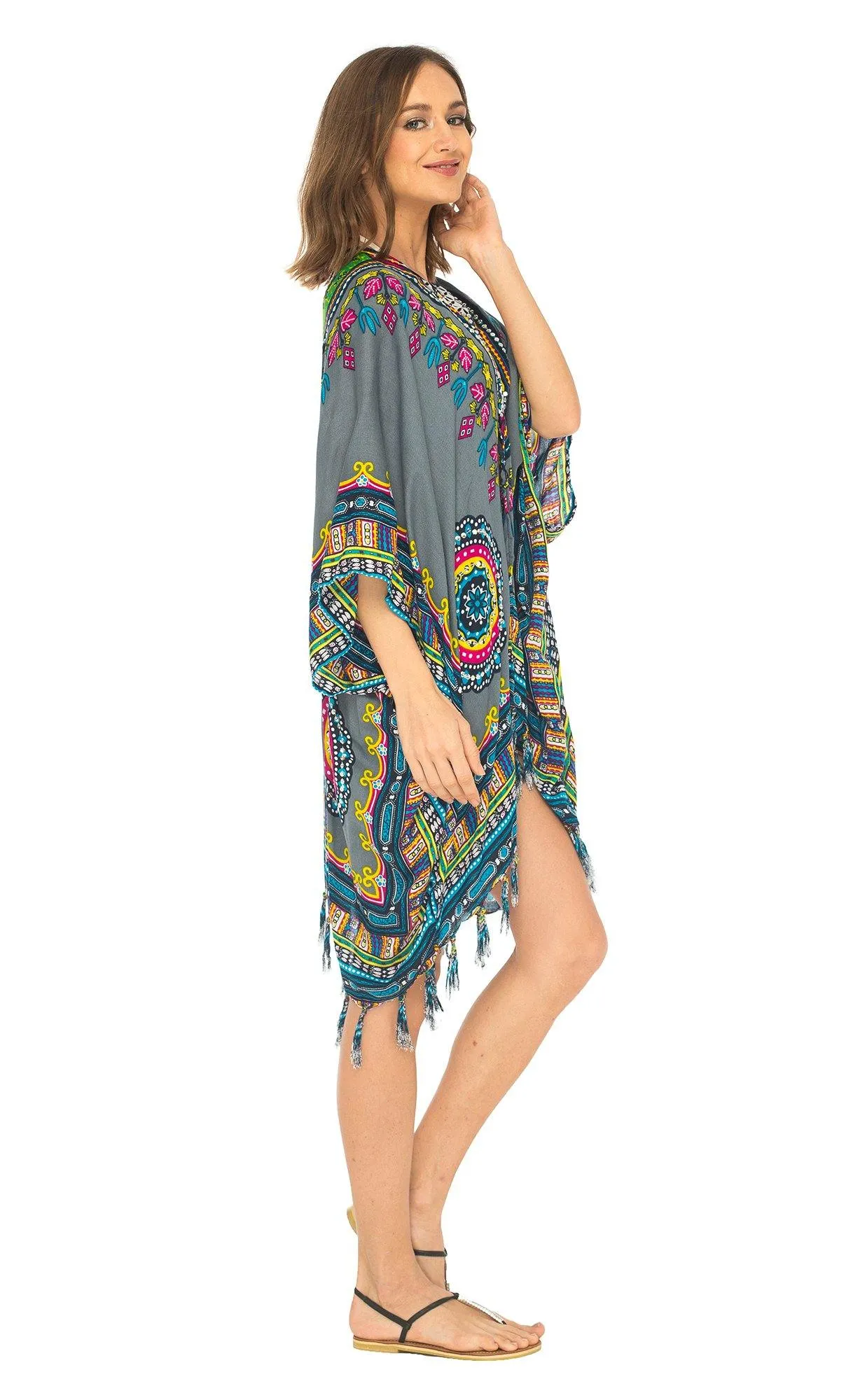 SHU-SHI Women's Dashiki Sequined Beach Cover-Up | Open Front Kimono Cardigan for Bikinis