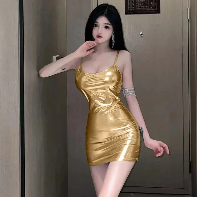 Slim Patent Summer Hip Leather Sexy Retro All-Match Fit Wrap Dress