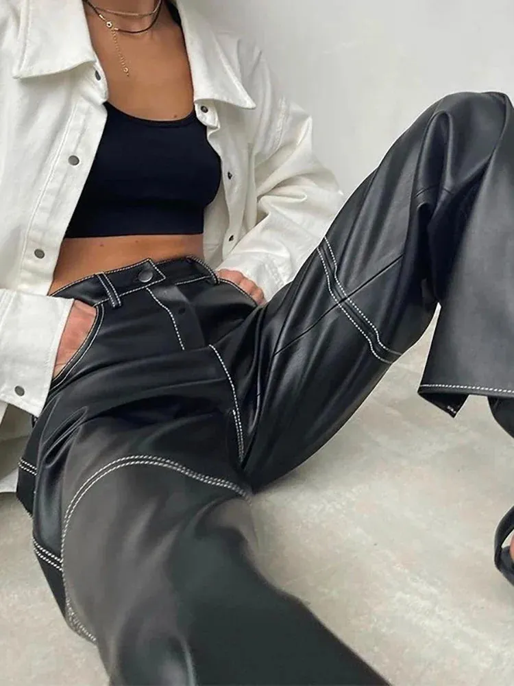 Straight Y2k Long Vintage Autumn Fashion PU High-waist Leather Black Pants