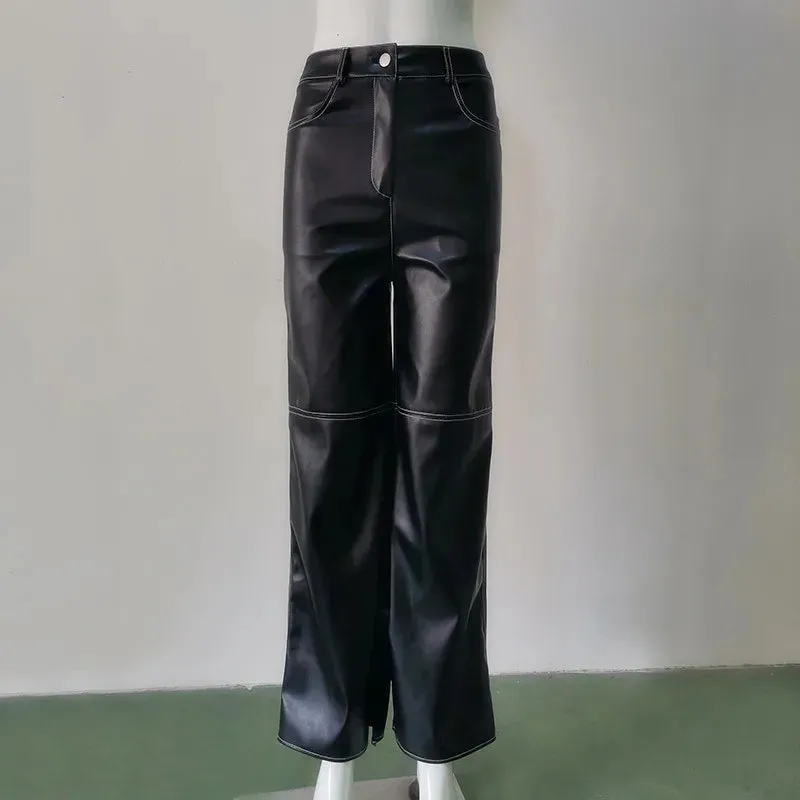 Straight Y2k Long Vintage Autumn Fashion PU High-waist Leather Black Pants