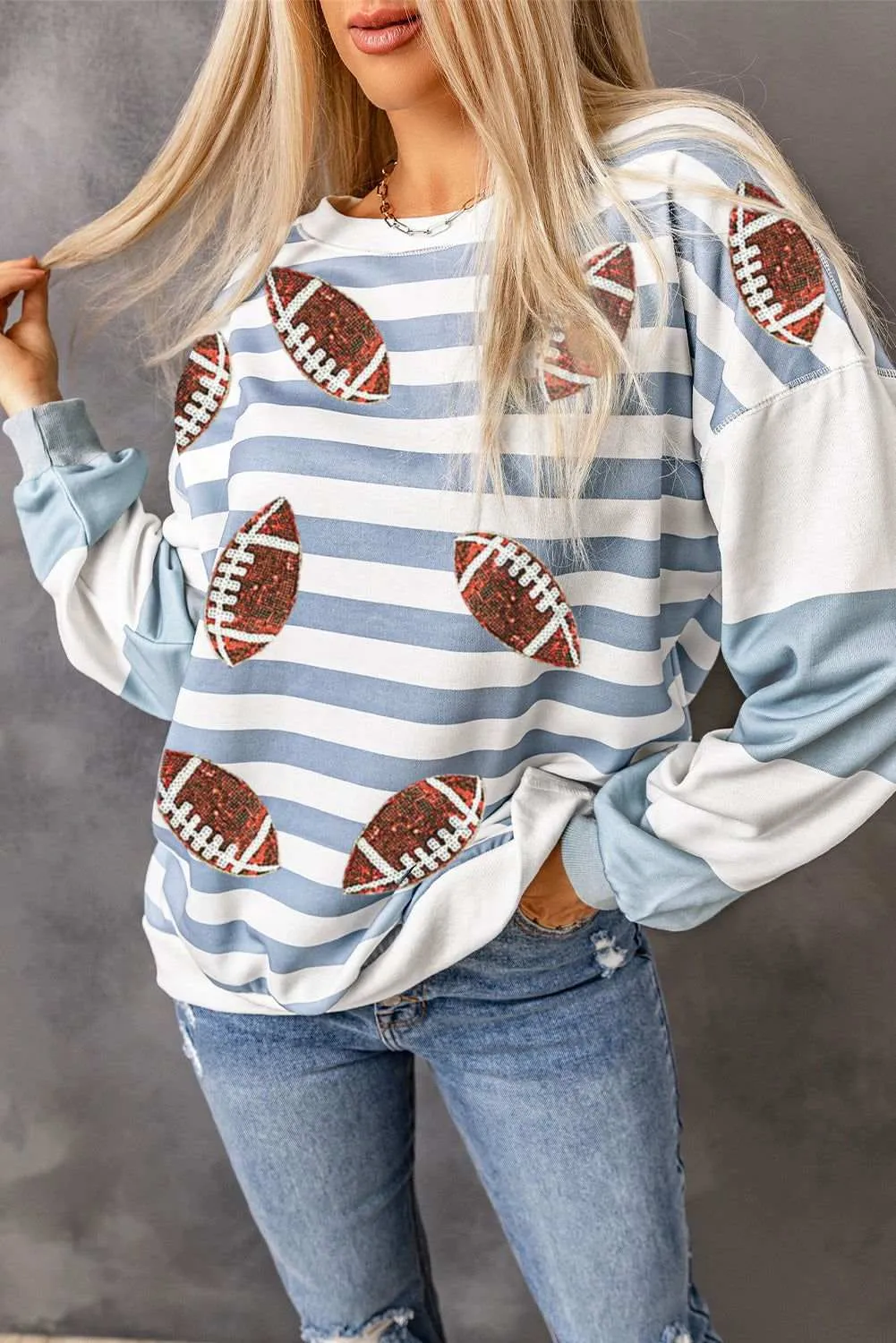 Stripe Sequined Rugby Graphic Round Neck Sweatshirt