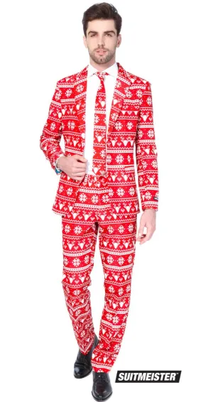 Suitmeister Red Nordic Christmas Print Mens Novelty Suit