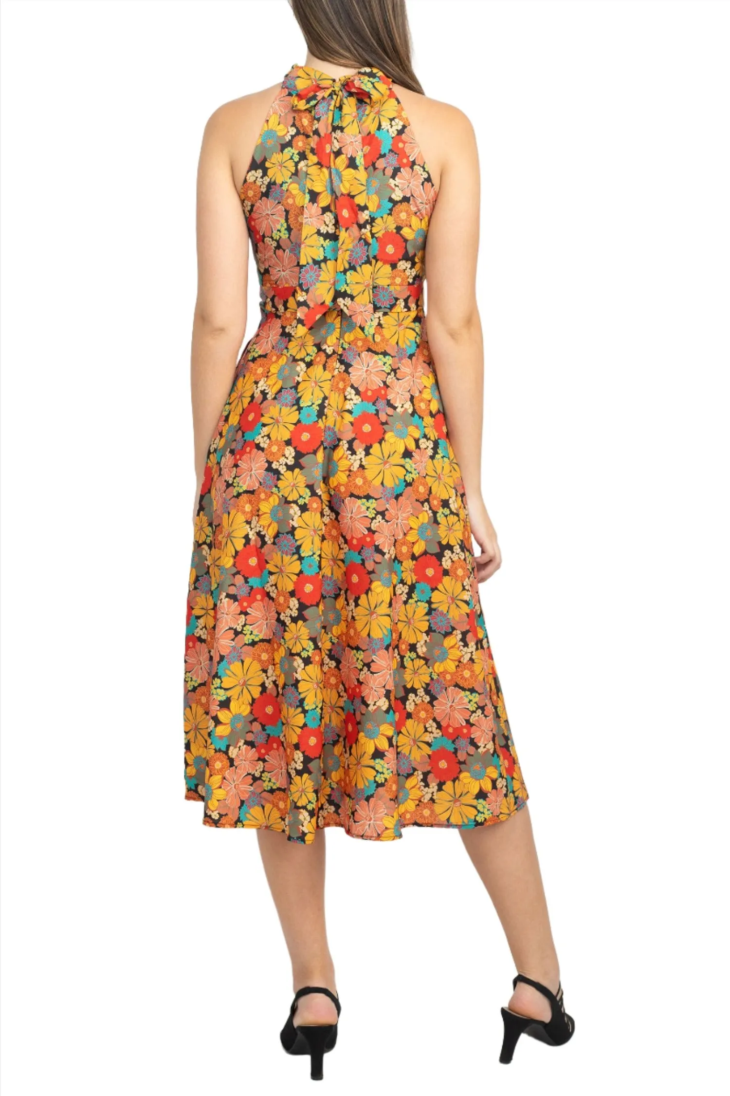 Tahari ASL Halter Tie Neck Sleeveless Zipper Back Floral Print Fit & Flare Satin Dress