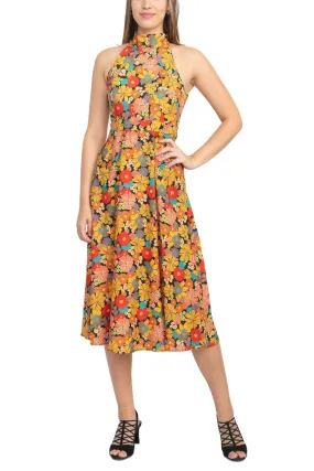 Tahari ASL Halter Tie Neck Sleeveless Zipper Back Floral Print Fit & Flare Satin Dress