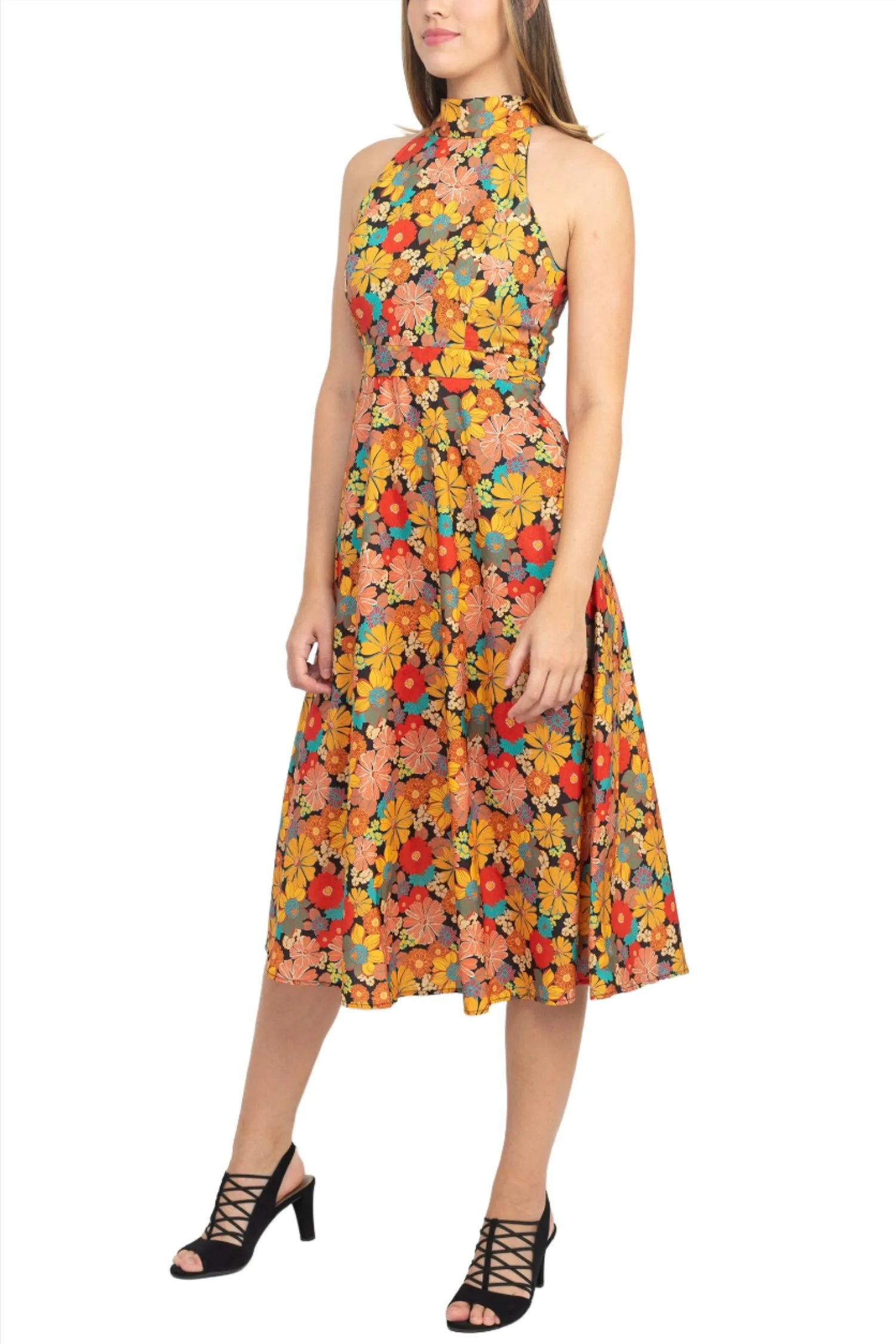 Tahari ASL Halter Tie Neck Sleeveless Zipper Back Floral Print Fit & Flare Satin Dress