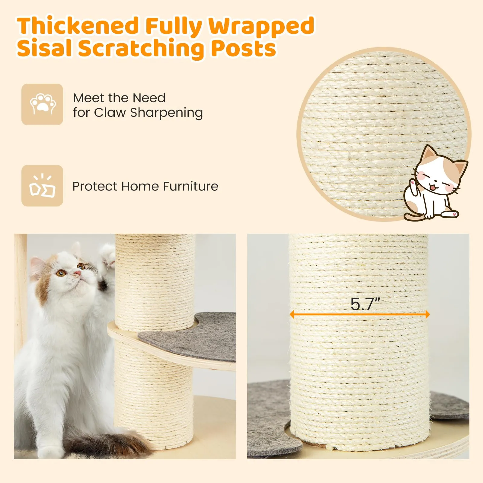 Tangkula Wood Cat Tree, 47 Inch Multi-Layer Cat Tower with 5.7” Thicker Sisal Covered Scratching Posts & Carpet