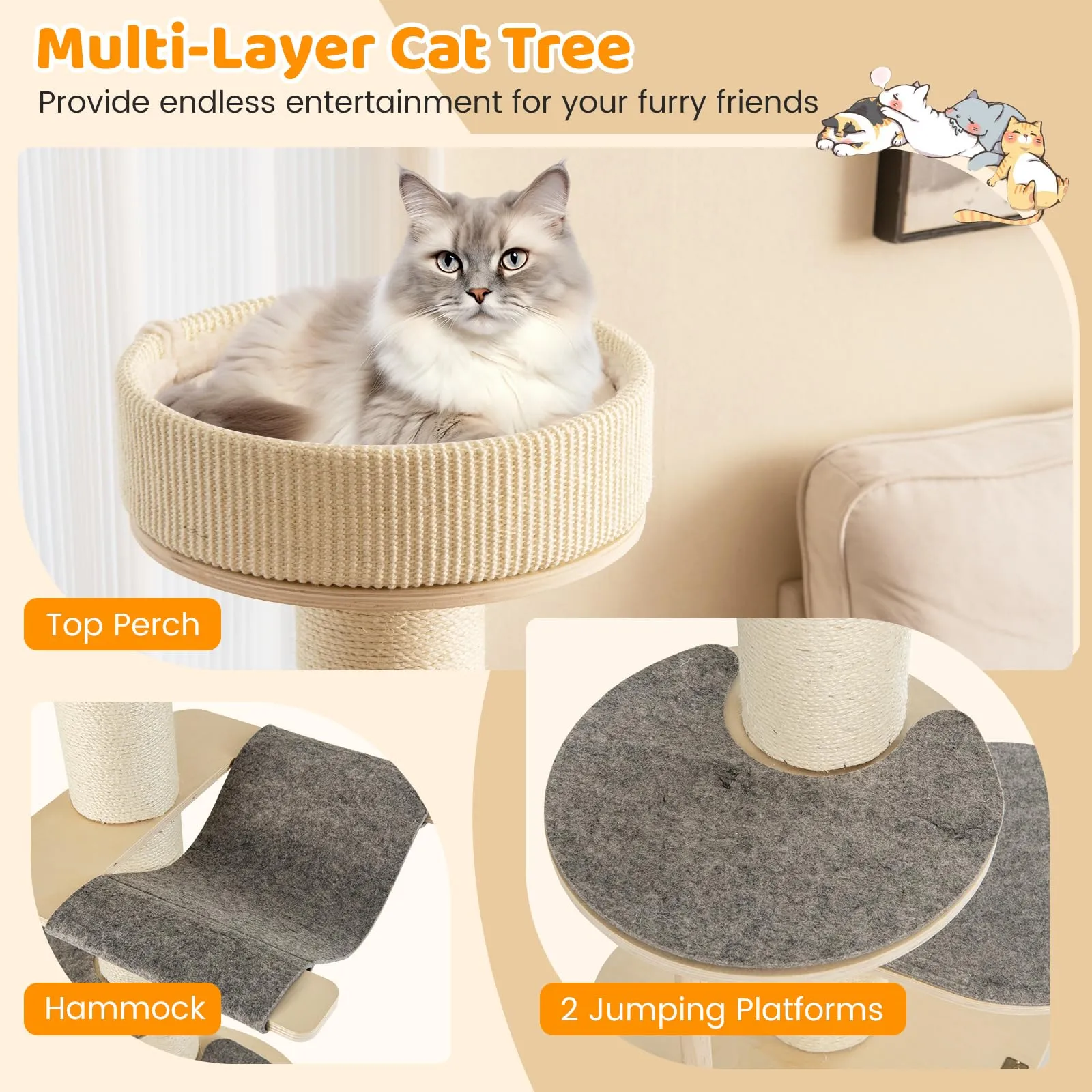 Tangkula Wood Cat Tree, 47 Inch Multi-Layer Cat Tower with 5.7” Thicker Sisal Covered Scratching Posts & Carpet