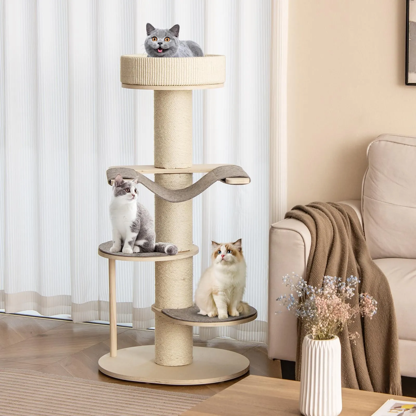 Tangkula Wood Cat Tree, 47 Inch Multi-Layer Cat Tower with 5.7” Thicker Sisal Covered Scratching Posts & Carpet