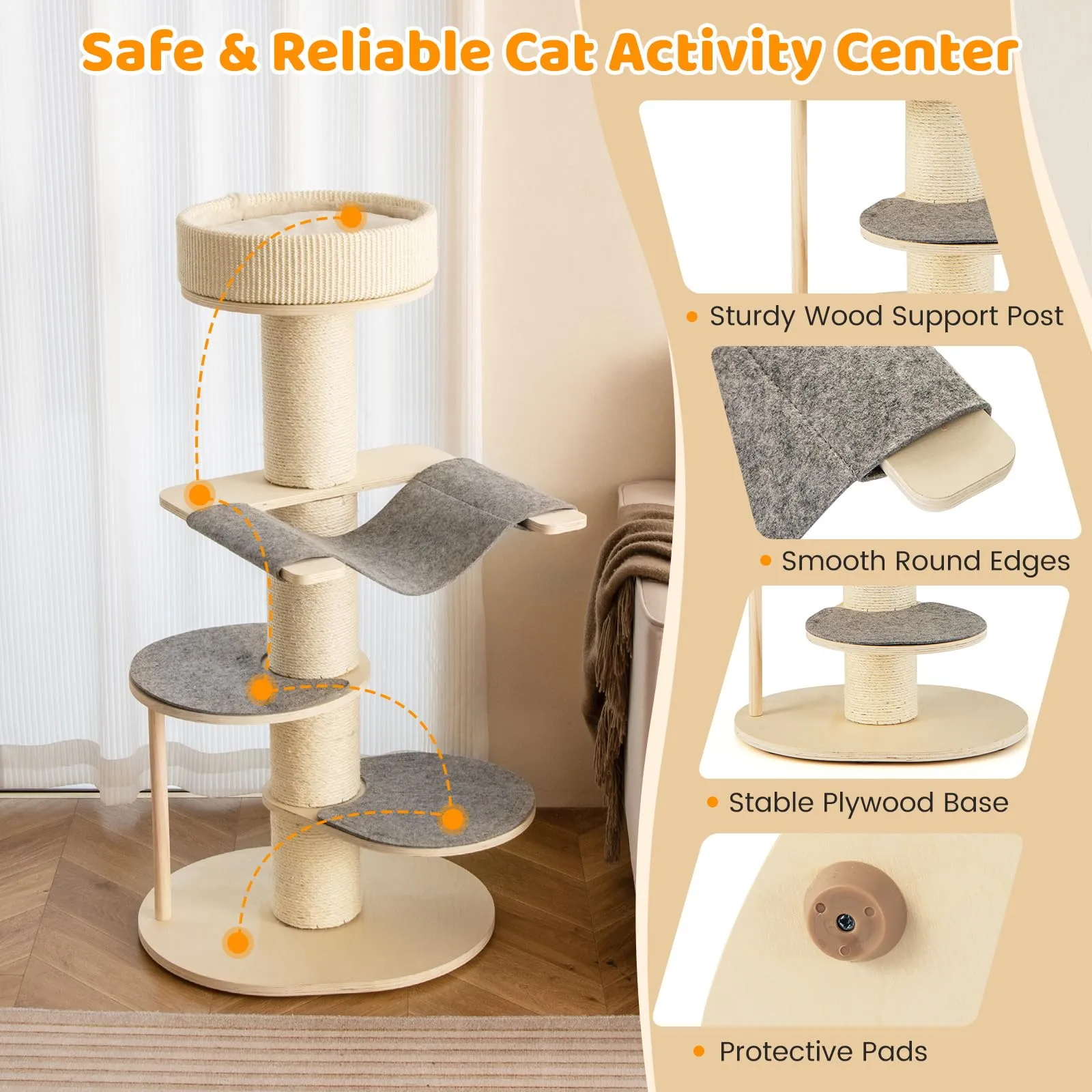 Tangkula Wood Cat Tree, 47 Inch Multi-Layer Cat Tower with 5.7” Thicker Sisal Covered Scratching Posts & Carpet