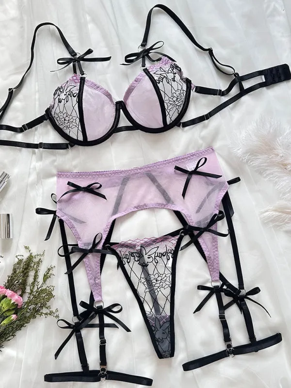 TEEK - Purple Embroidered See-Through Mesh Bow Lingerie Set