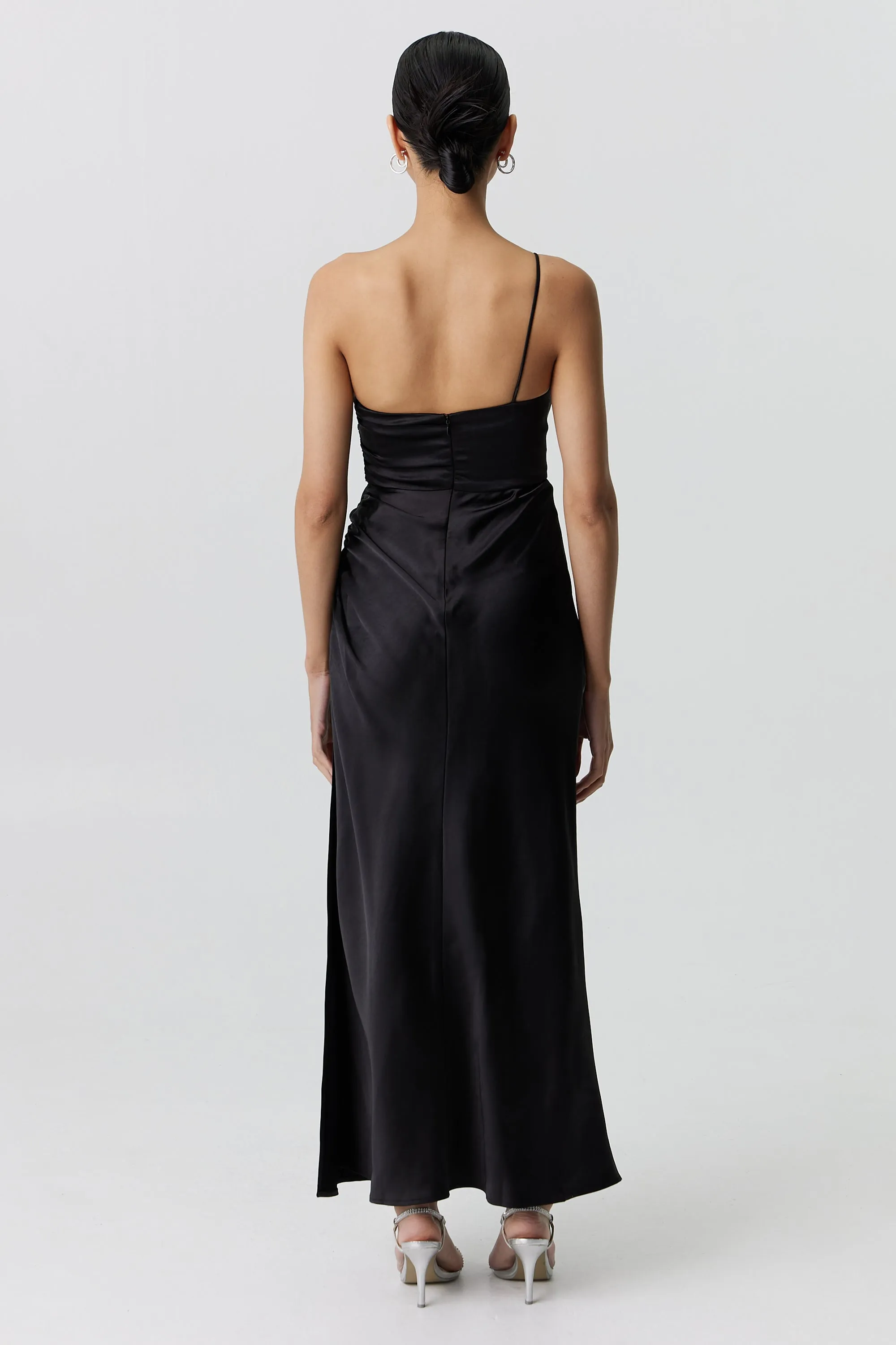 Third Form Satin Gather One Shoulder Dress - Black