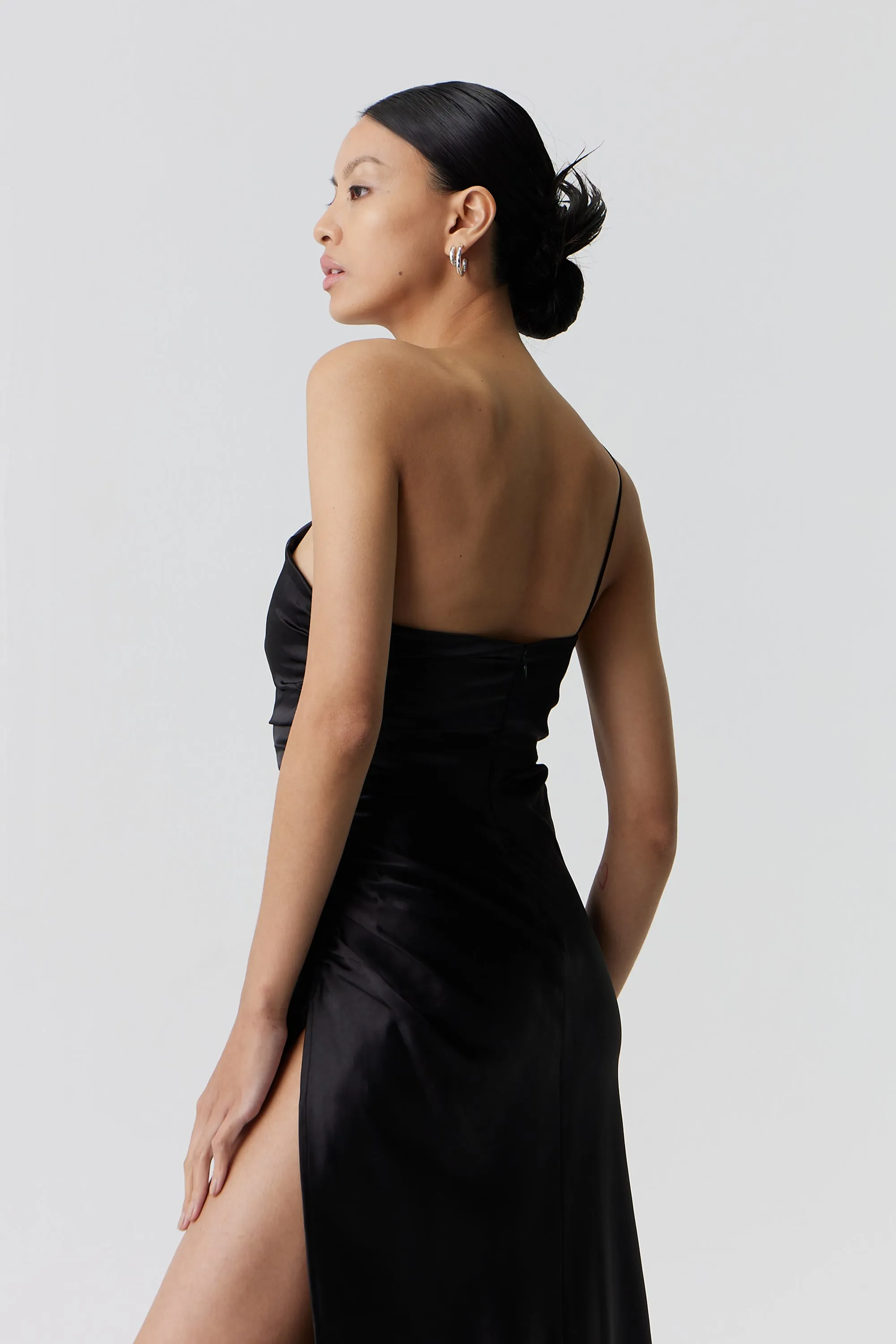 Third Form Satin Gather One Shoulder Dress - Black