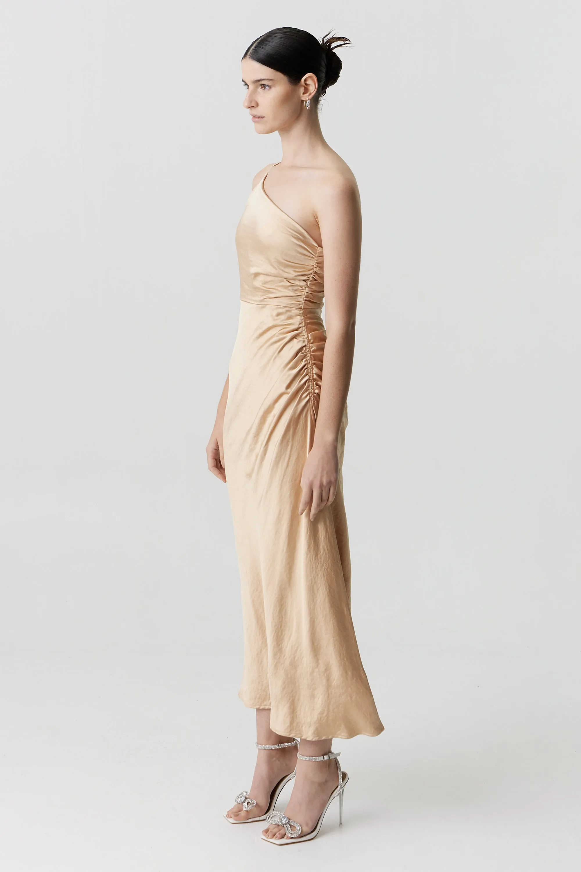 Third Form Satin Gather One Shoulder Dress - Sand