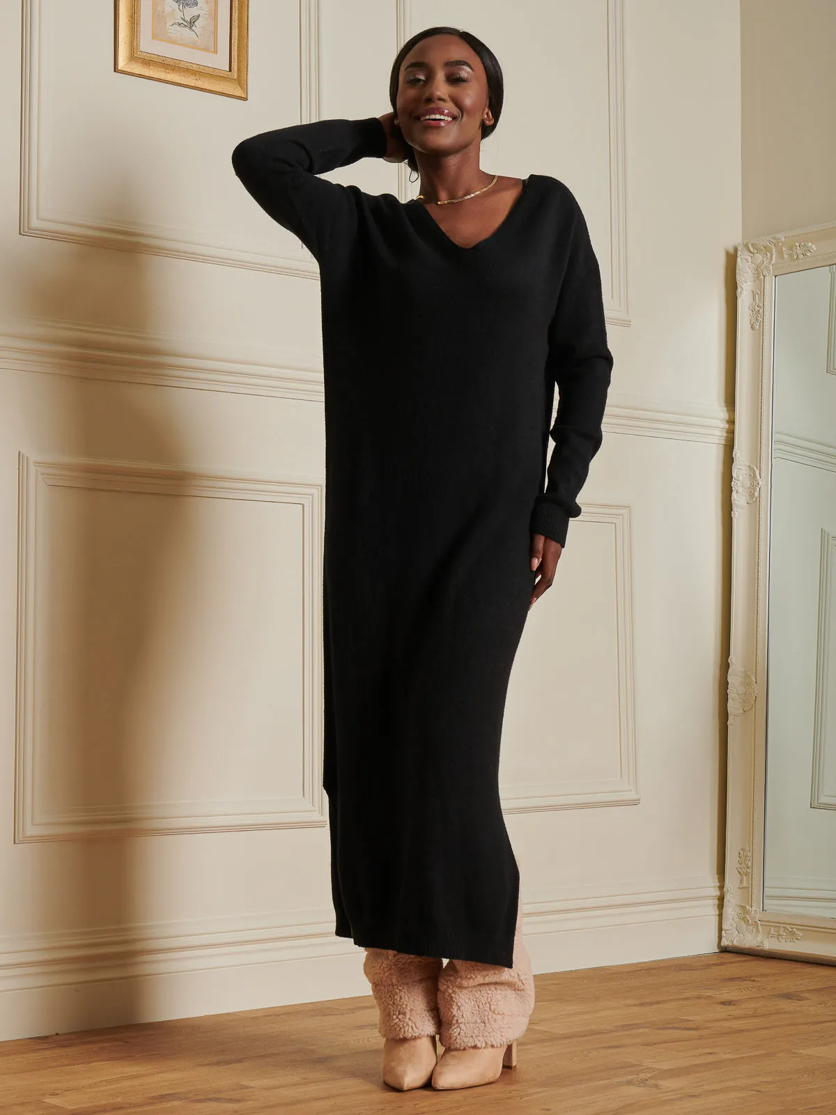 V-Neck Knitted Longline Dress, Black