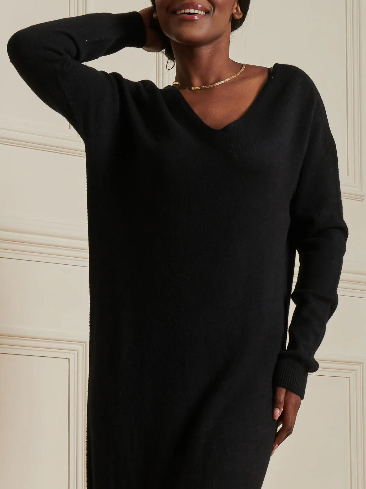 V-Neck Knitted Longline Dress, Black