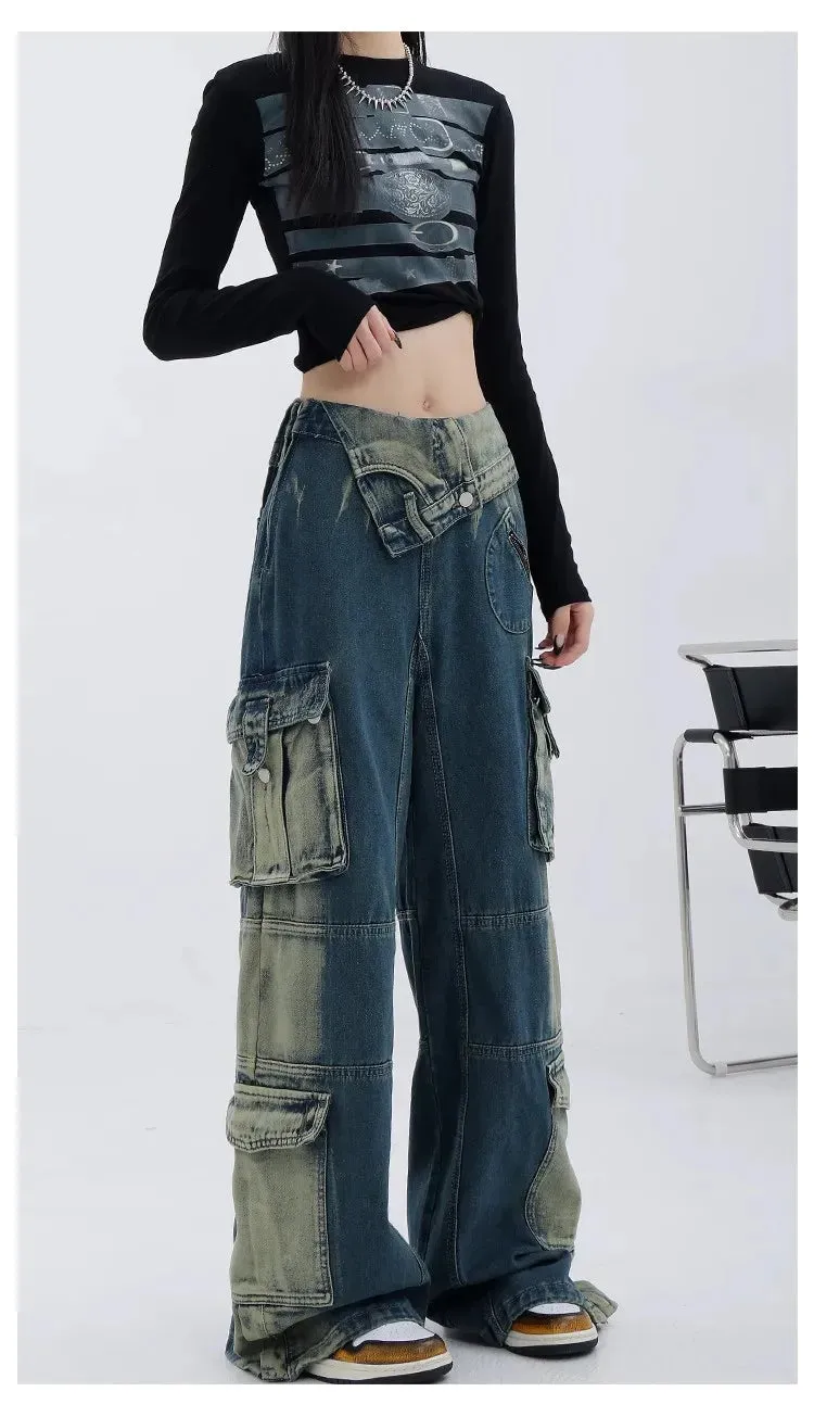 Vintage 90s Streetwear High Waist Wide Leg Denim Jeans with Pockets