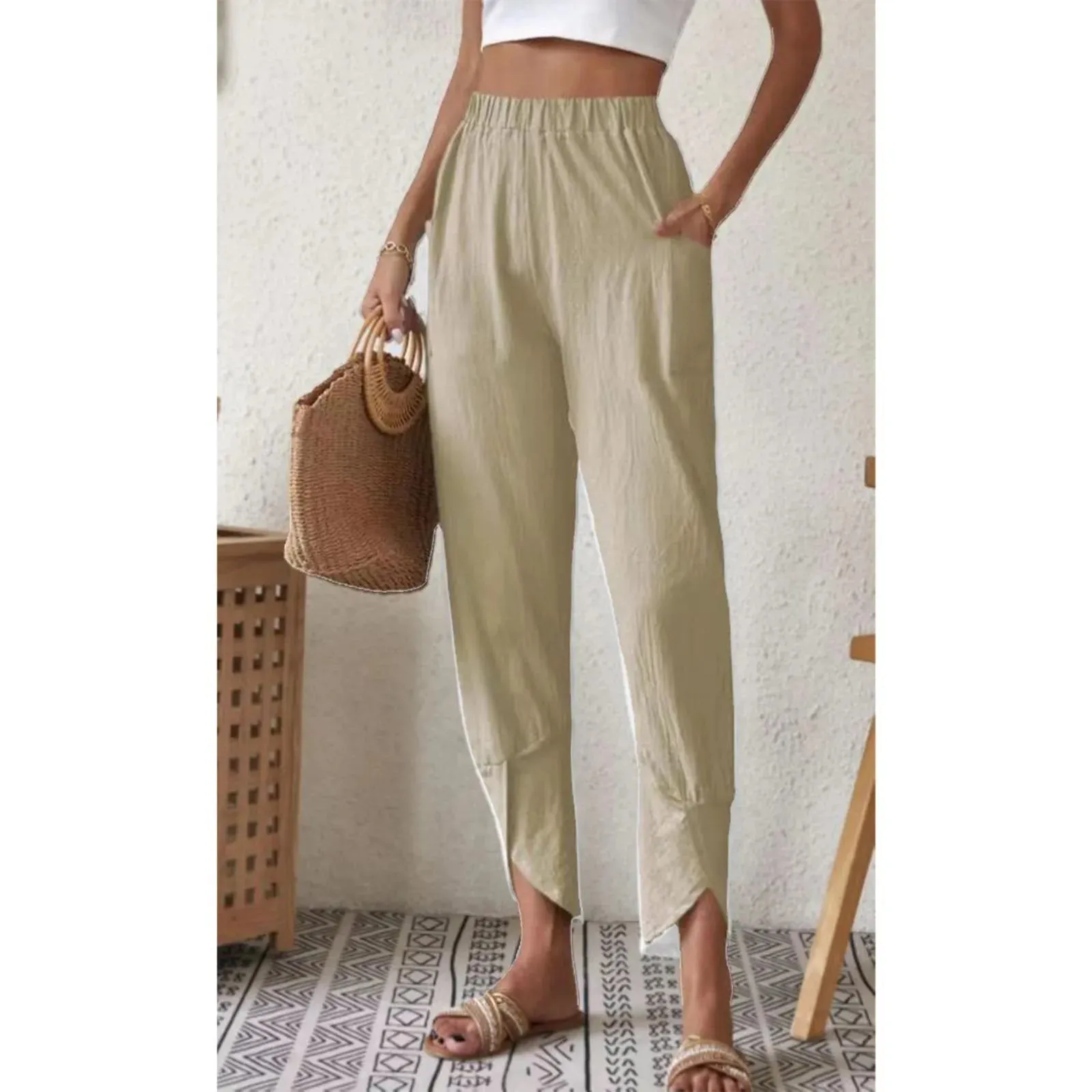 Waist Pleated Pockets Streetwear Beachwear Casual High Pants