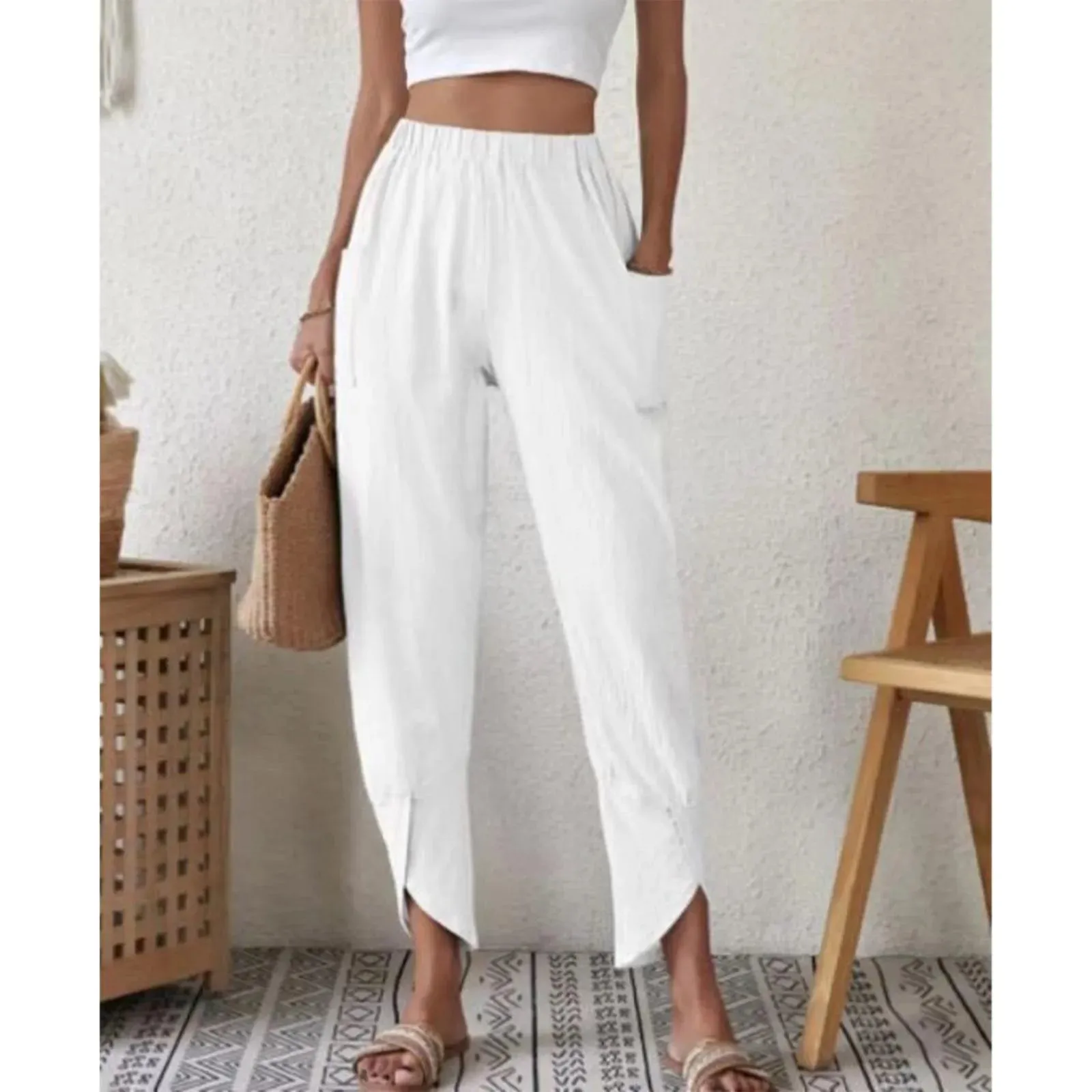 Waist Pleated Pockets Streetwear Beachwear Casual High Pants