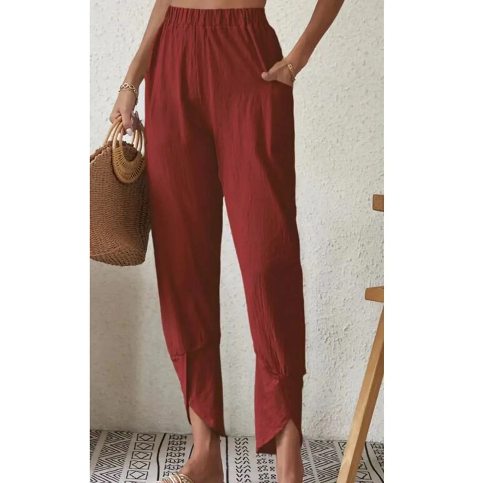 Waist Pleated Pockets Streetwear Beachwear Casual High Pants