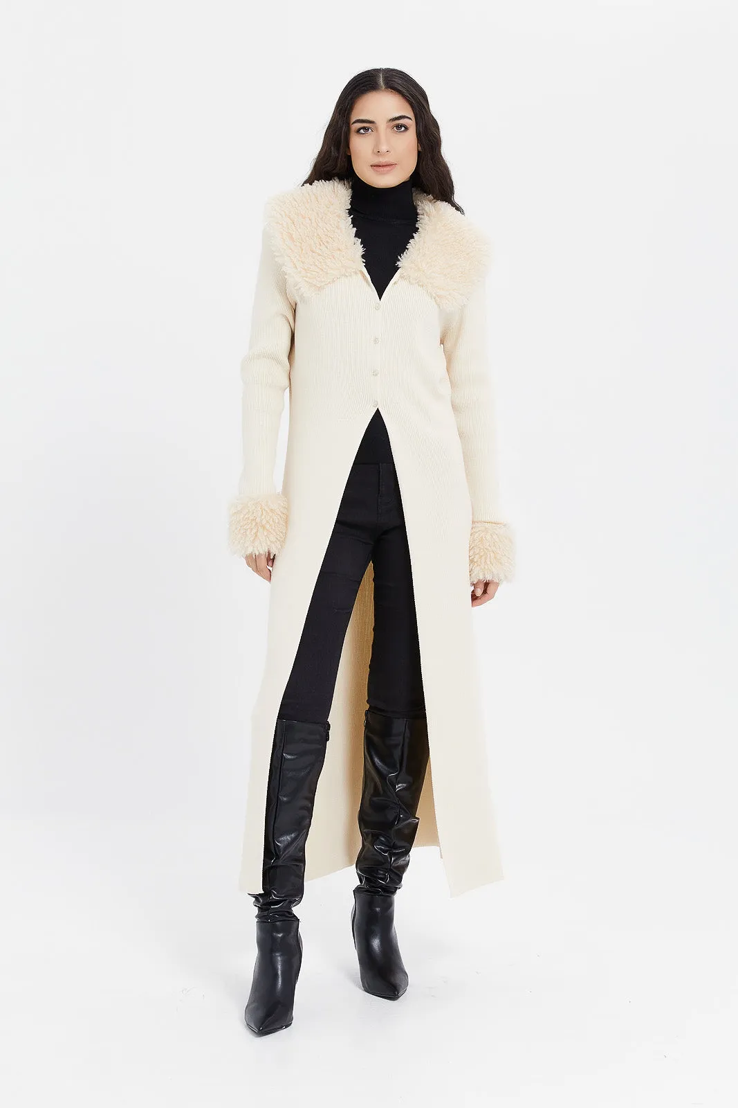 Women Ecru Fur Long Jacket