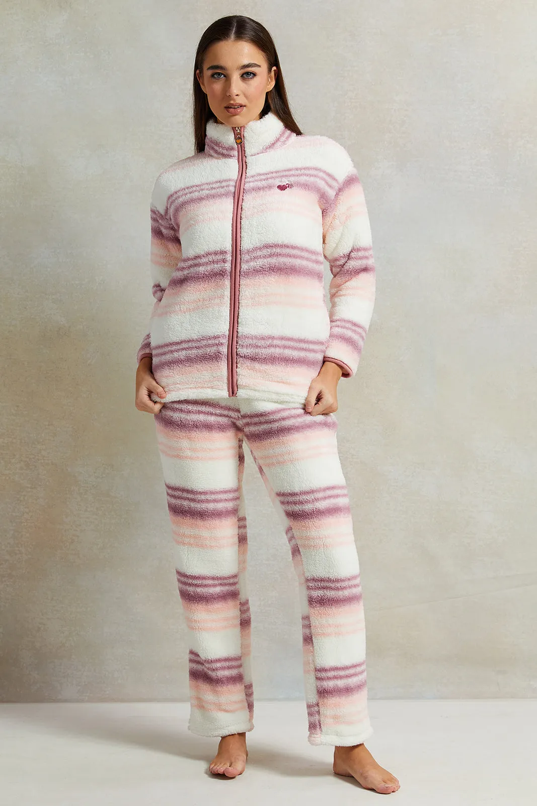 Women Pink Fleece Checkered Pyjama Set (2 Piece)