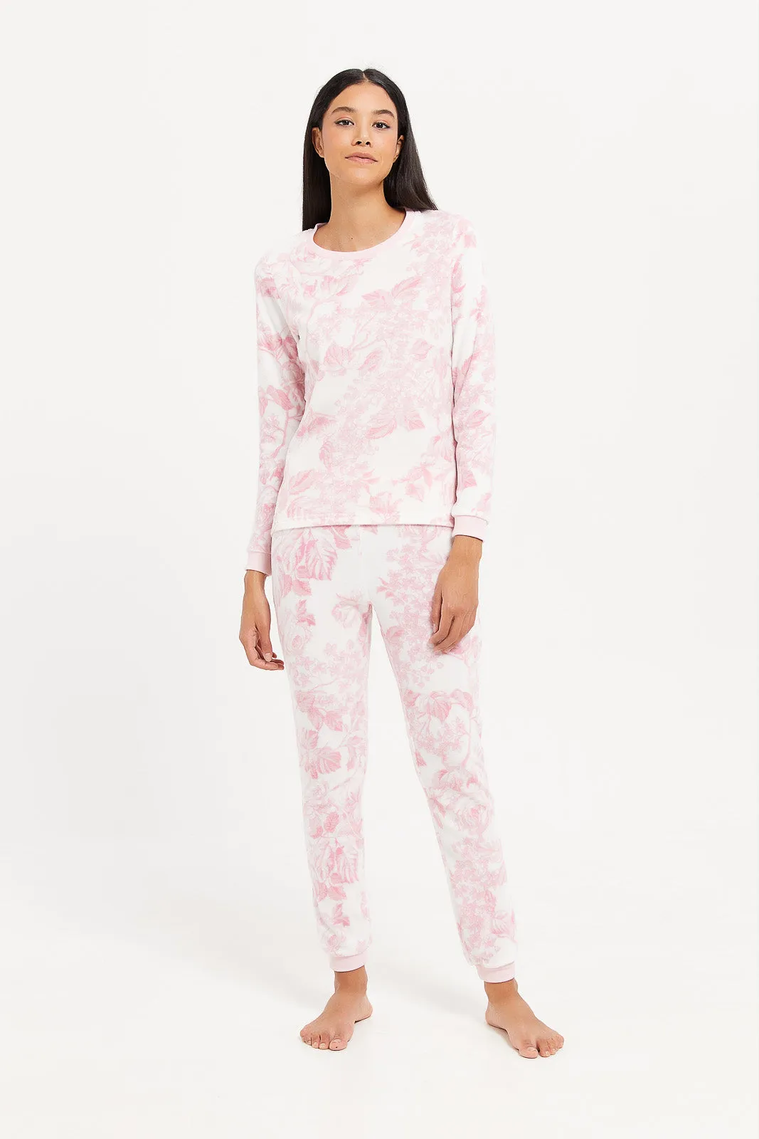 Women Pink Fleece Pyjama Set (2 Piece)