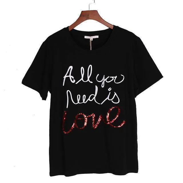 Women Sequin Embroidery Tops Tees Cotton T-shirt - "All you need is love"    (US 6-12)