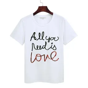 Women Sequin Embroidery Tops Tees Cotton T-shirt - "All you need is love"    (US 6-12)