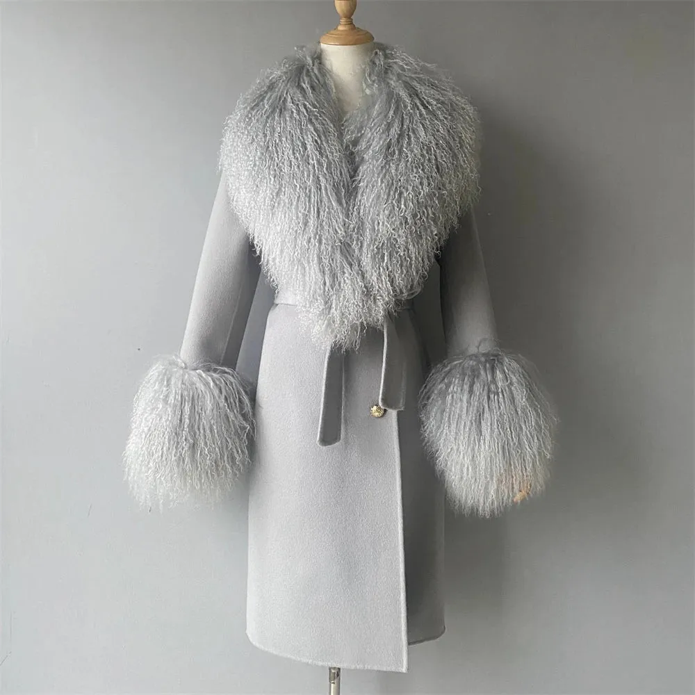 Women's Luxe Cashmere Wool and Sheep Fur Coat