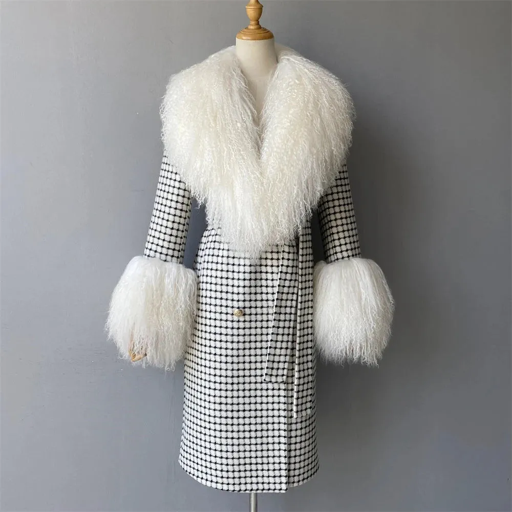 Women's Luxe Cashmere Wool and Sheep Fur Coat