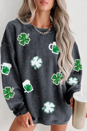 Women's Sequined Clover St Patrick Graphic Corded Sweatshirt